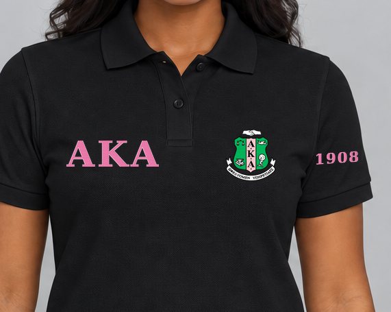 Alpha Kappa Alpha premium embroidered black solid polo on model - chest embroidery close-up