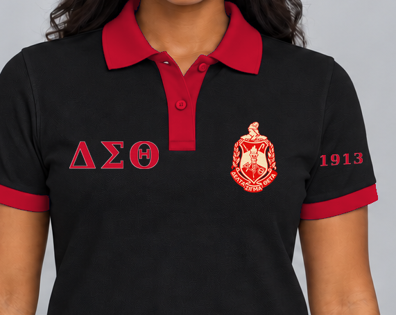 Delta Sigma Theta premium embroidered black solid contrast trim polo on model - chest embroidery close-up