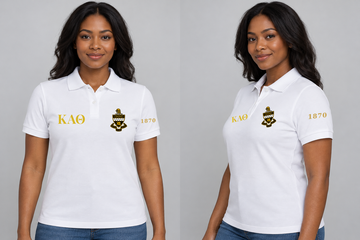 Kappa Alpha Theta premium embroidered white solid polo on model - front and side