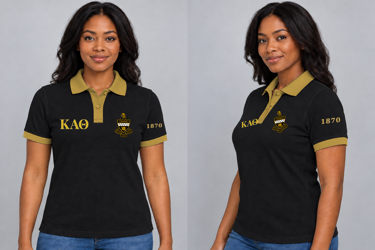 Kappa Alpha Theta premium embroidered black solid contrast trim polo on model - front and side