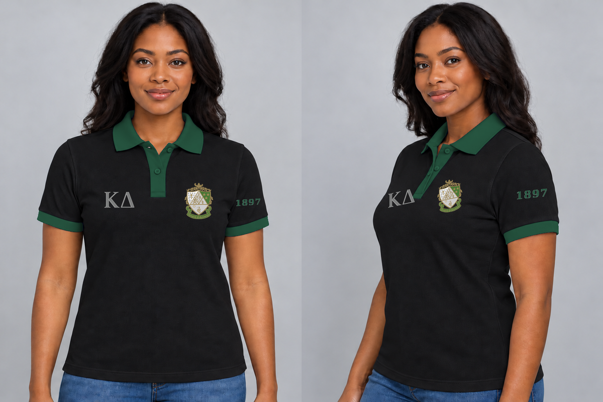 Kappa Delta premium embroidered black solid contrast trim polo on model - front and side