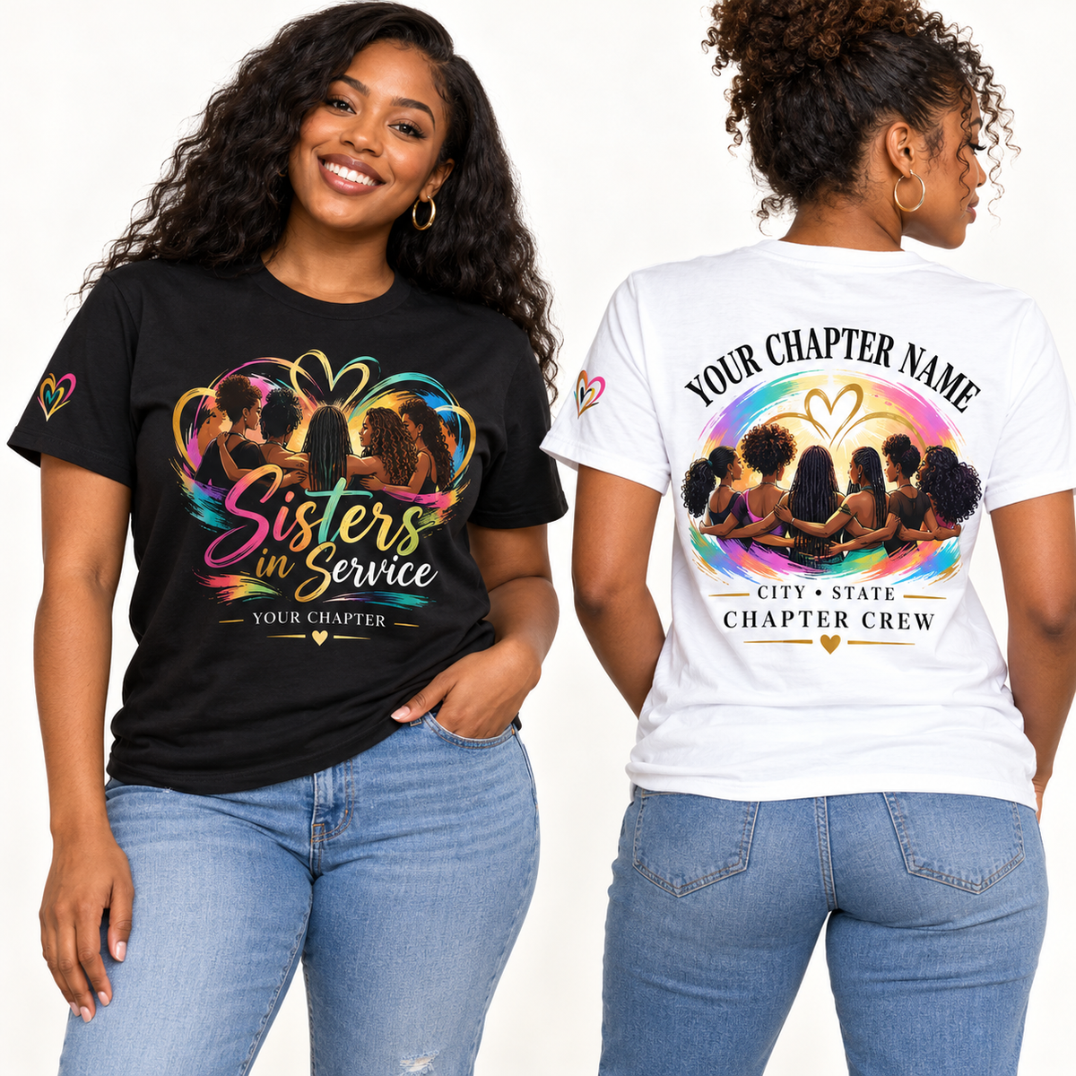 Custom Sorority Sisters in Service chapter group shirt on models
