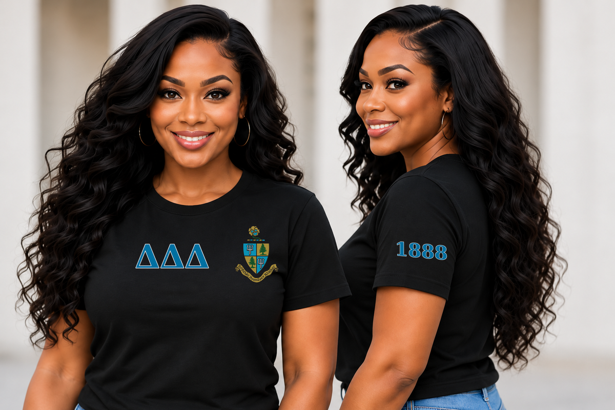 Delta Delta Delta Black classic printed T-shirt — model front and side