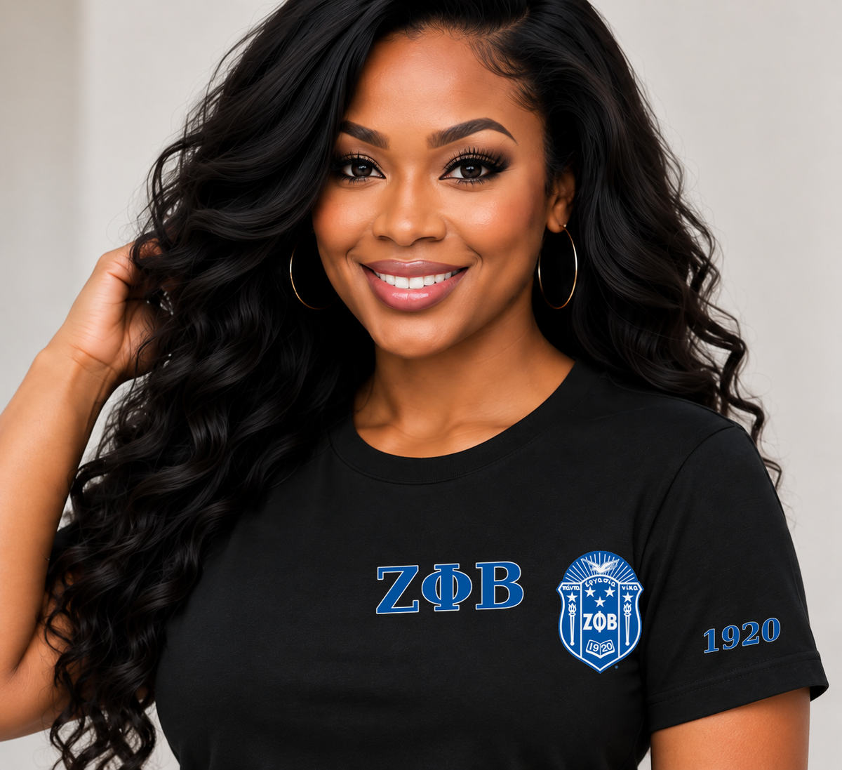 Zeta Phi Beta Black classic printed T-shirt — model close-up
