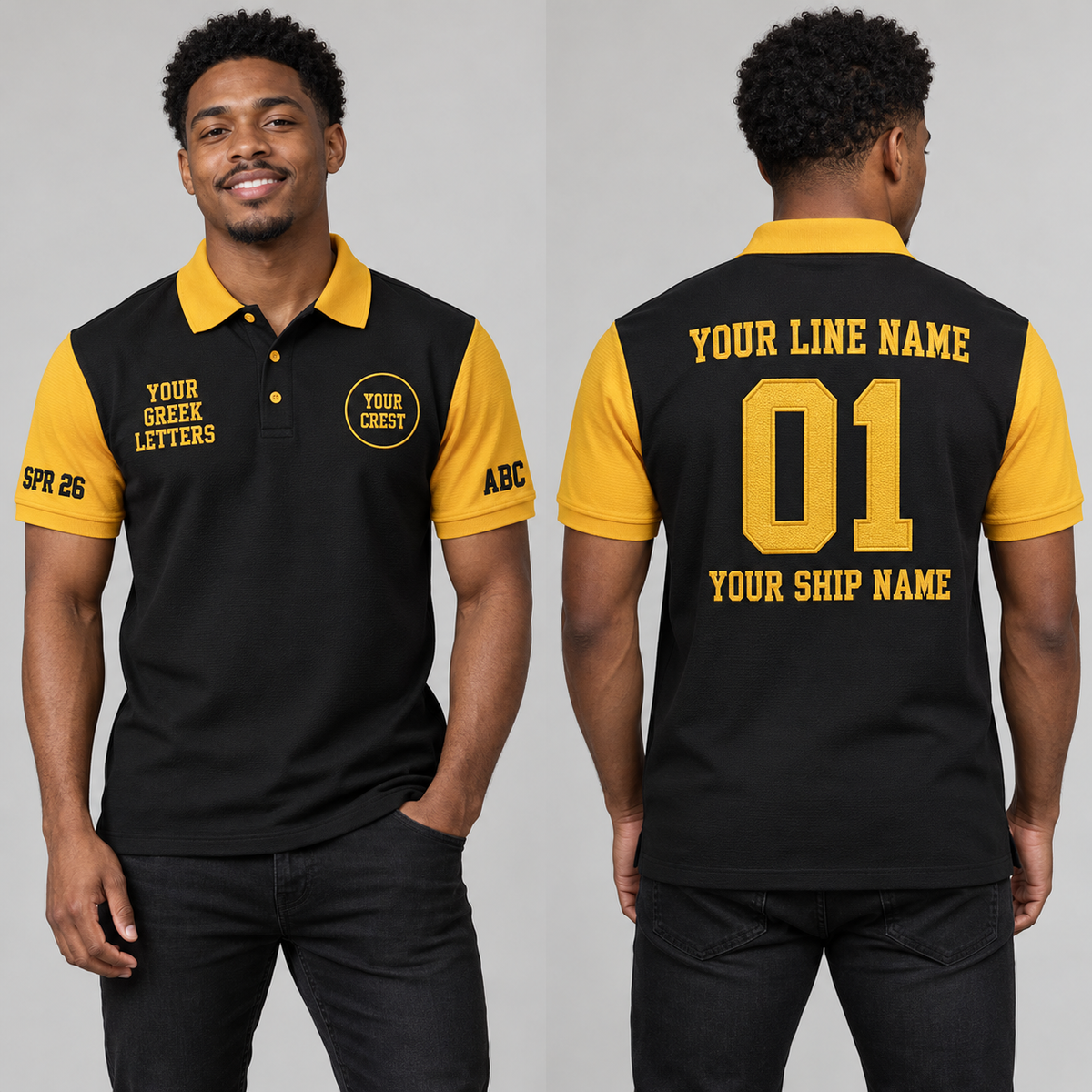 Black and gold varsity chapter embroidered polo front and back on model with personalized line name number ship name crest letters and sleeve details