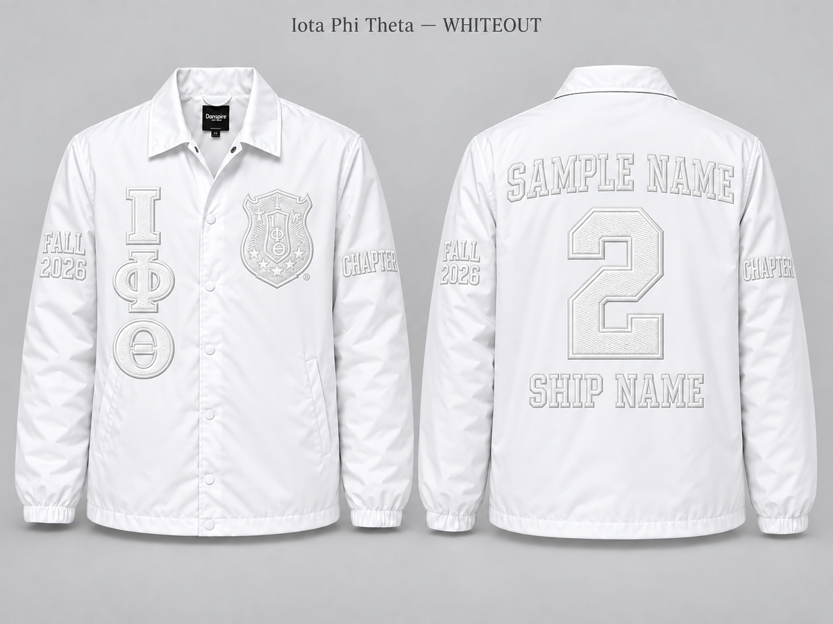 Iota Phi Theta Whiteout line jacket with sample front back and sleeve embroidery