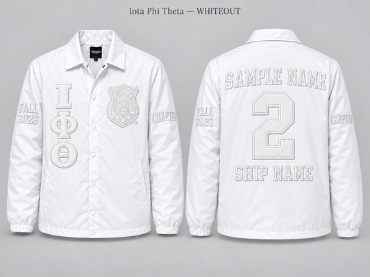 Iota Phi Theta Whiteout line jacket with sample front back and sleeve embroidery