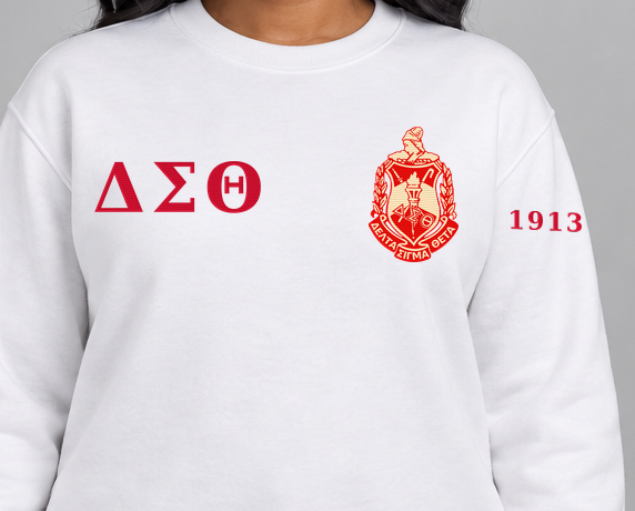 Delta Sigma Theta premium embroidered white solid crewneck sweatshirt on model - chest embroidery close-up