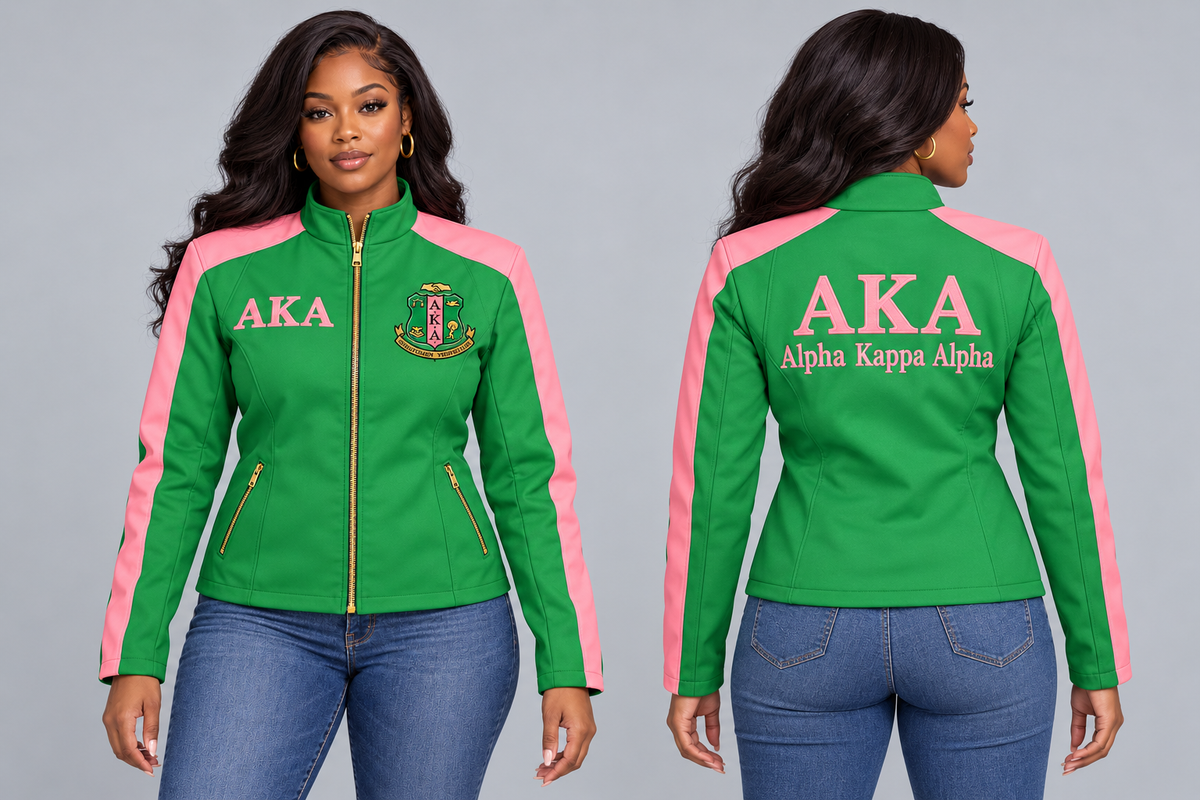 Black woman modeling AKA apple green and salmon pink custom embroidered contrast racing jacket, front and back views.