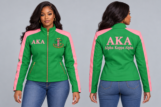 Black woman modeling AKA apple green and salmon pink custom embroidered contrast racing jacket, front and back views.
