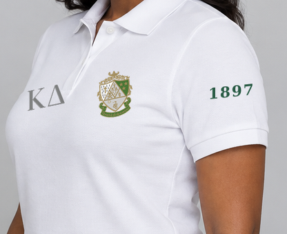 Kappa Delta premium embroidered white solid polo on model - founding year sleeve detail