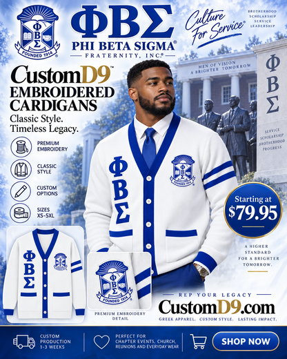 Phi Beta Sigma white and royal blue embroidered cardigan poster Pirani9