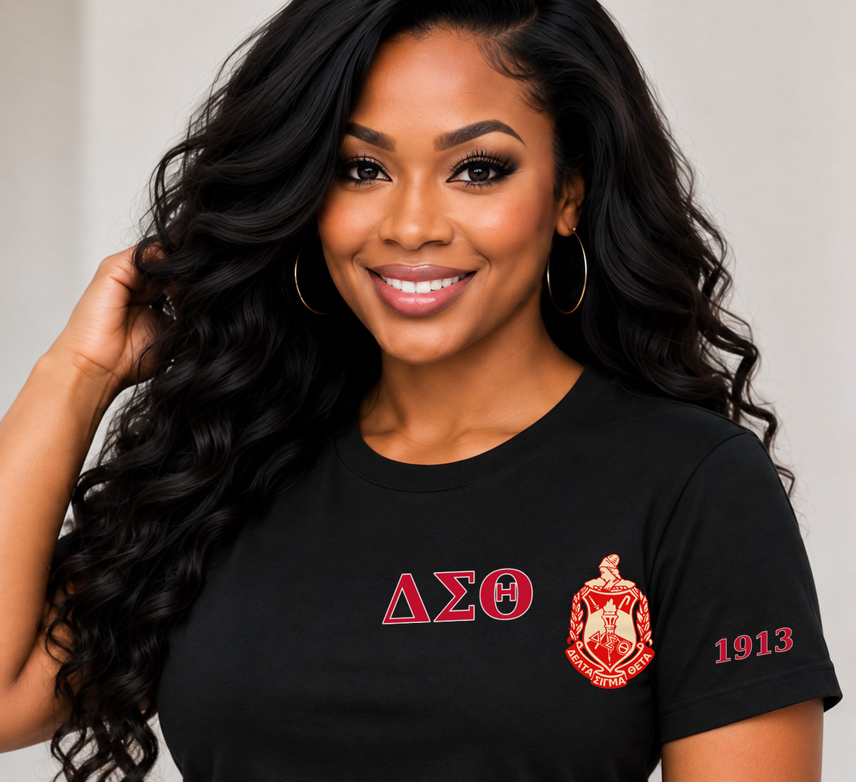 Delta Sigma Theta Black classic printed T-shirt — model close-up