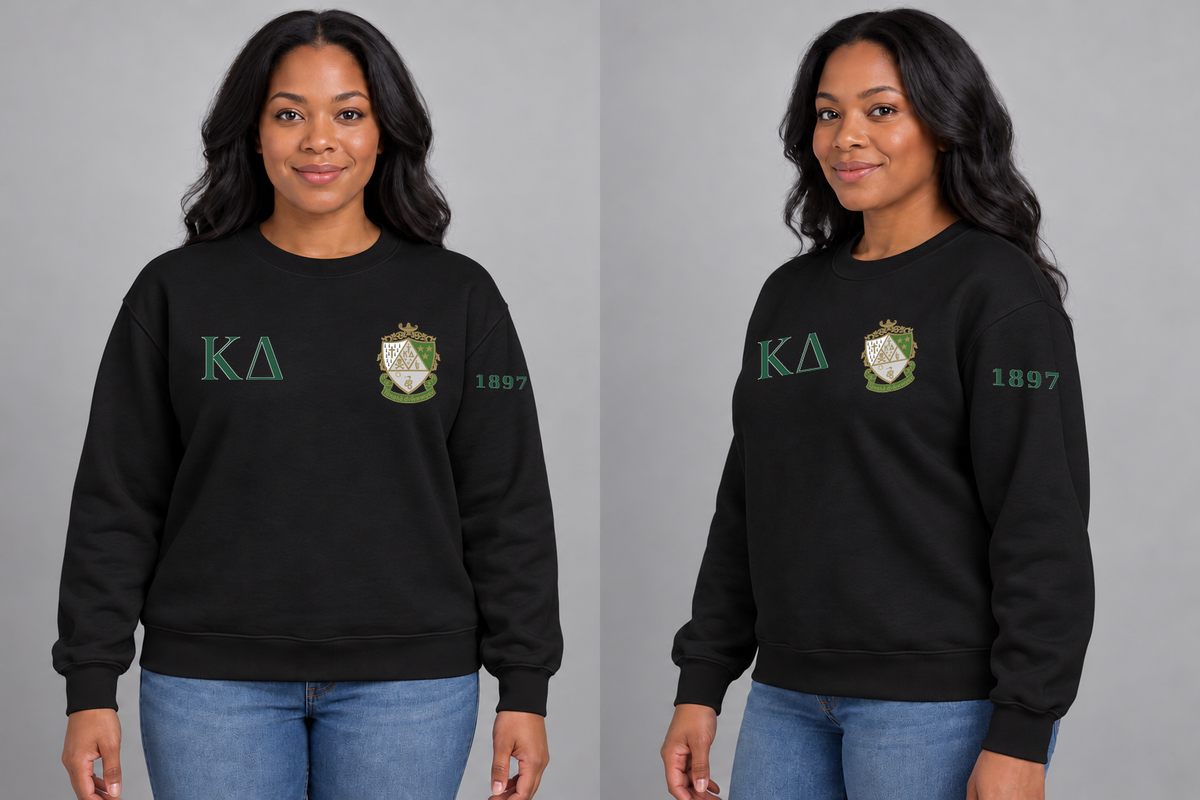 Kappa Delta premium embroidered black solid crewneck sweatshirt on model - front and side