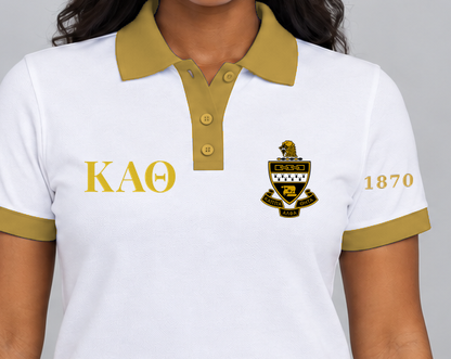 Kappa Alpha Theta premium embroidered white solid contrast trim polo on model - chest embroidery close-up