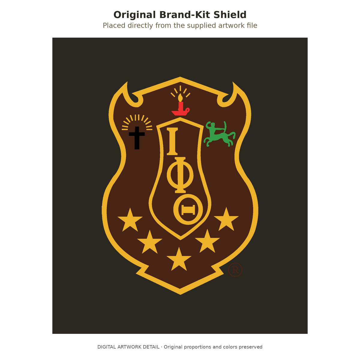Original Iota Phi Theta no-wax-dripping shield from the supplied brand-kit PNG, placed directly on a charcoal brown background with its original colors, details and proportions intact