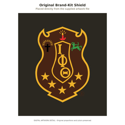 Original Iota Phi Theta no-wax-dripping shield from the supplied brand-kit PNG, placed directly on a charcoal brown background with its original colors, details and proportions intact