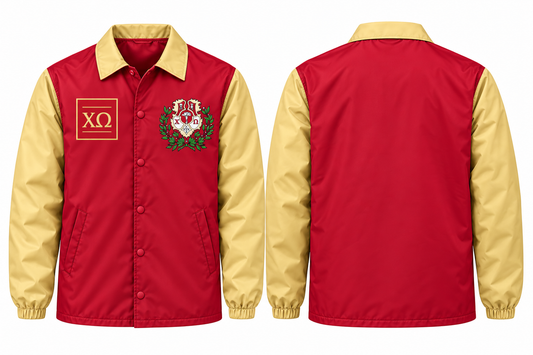 Chi Omega Custom Embroidered Coach Line Jacket, Cardinal & Straw Contrast Sleeves