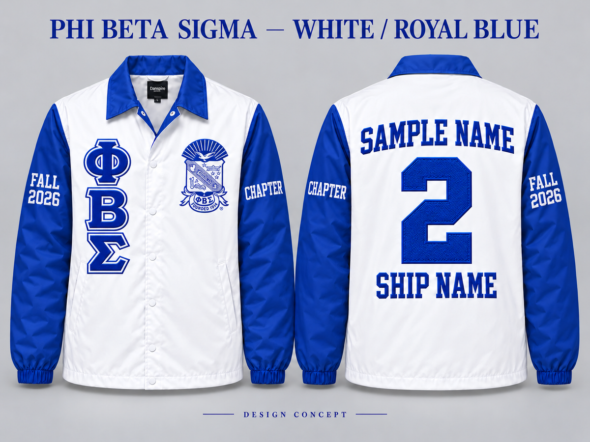 Phi Beta Sigma White body with Royal Blue collar and sleeves contrast line jacket, front and back sample embroidery