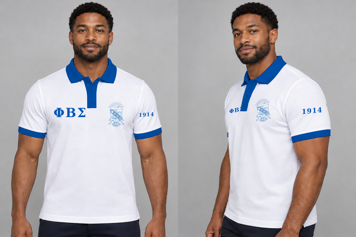 Phi Beta Sigma premium embroidered white solid contrast trim polo on model - front and side