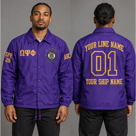 Omega Psi Phi Royal Purple and Old Gold personalized coach line jacket on an adult model, original supplied crest and ΩΨΦ letters, sample line name, line number 01, ship name, crossing year and chapter initials.