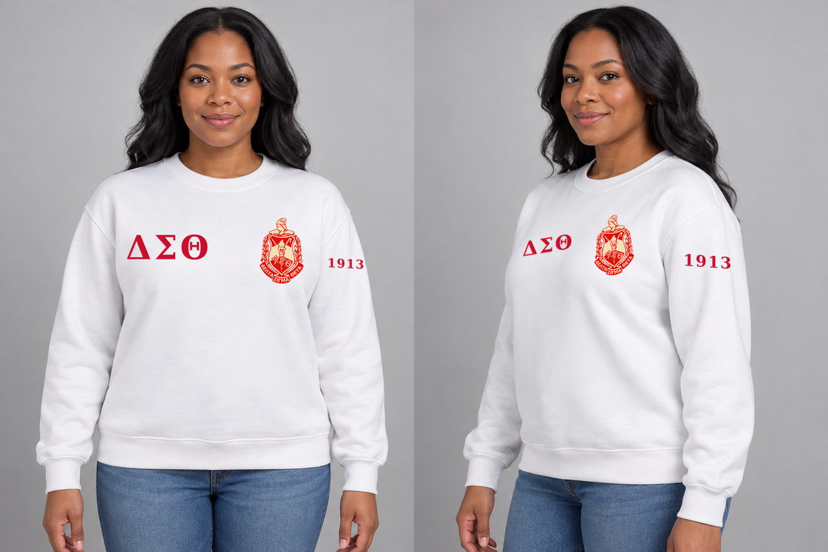 Delta Sigma Theta premium embroidered white solid crewneck sweatshirt on model - front and side