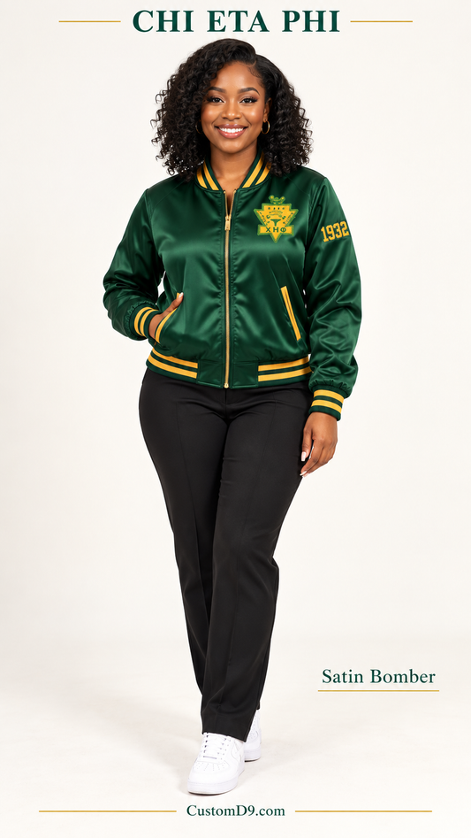 Chi Eta Phi Satin Bomber dark green gold shield crest version on model