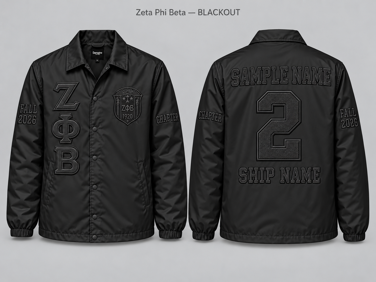 Zeta Phi Beta Blackout line jacket with sample front back and sleeve embroidery