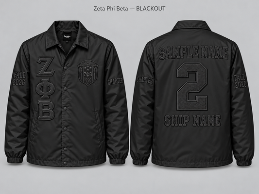 Zeta Phi Beta Blackout line jacket with sample front back and sleeve embroidery