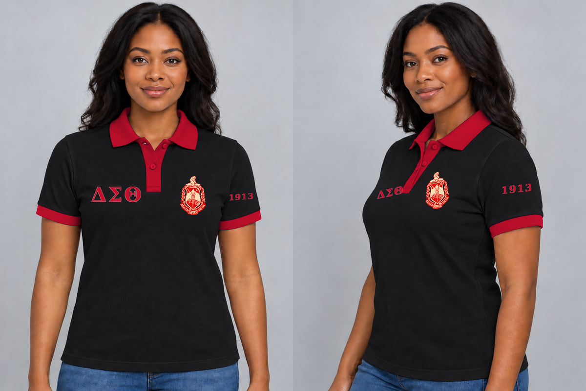 Delta Sigma Theta premium embroidered black solid contrast trim polo on model - front and side