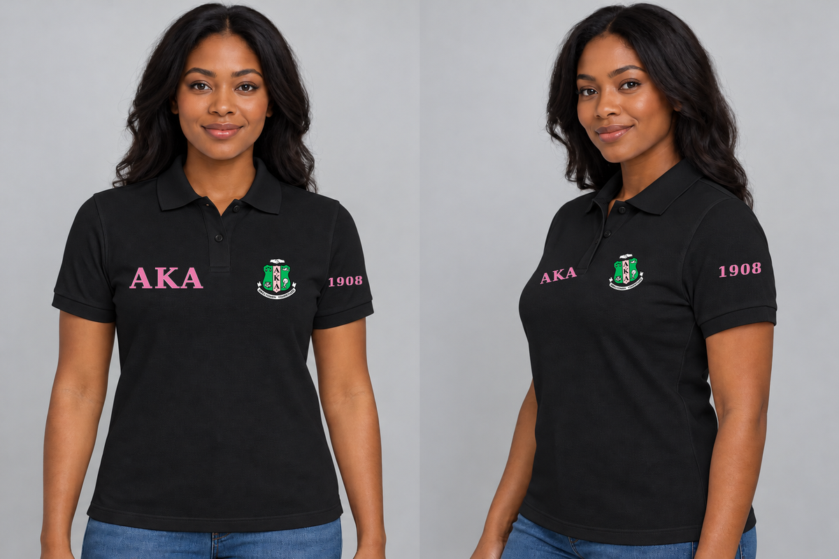 Alpha Kappa Alpha premium embroidered black solid polo on model - front and side