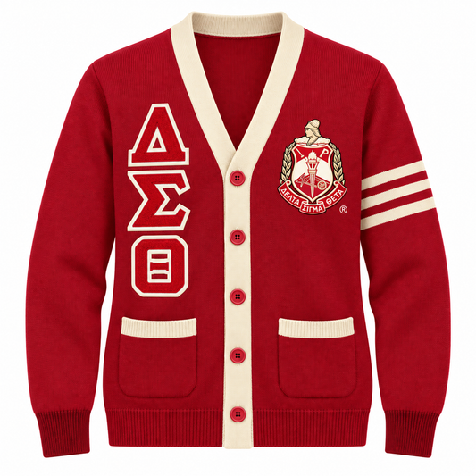 Delta Sigma Theta crimson cardigan with cream trim, stacked Greek letters, crest, pockets, and sleeve stripes