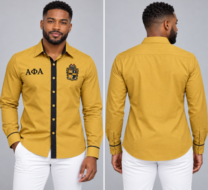 Alpha Phi Alpha old gold and black fitted embroidered Oxford shirt product, front and back on male model