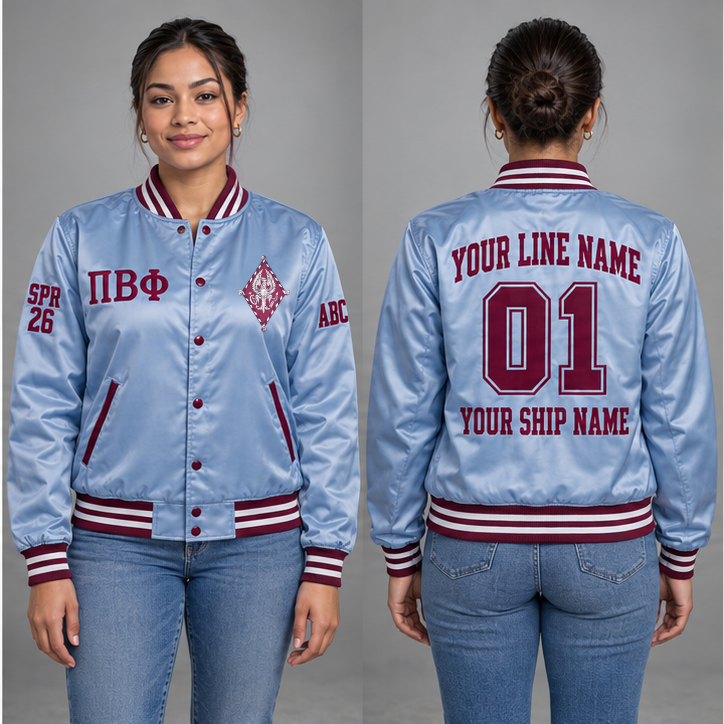 Pi Beta Phi Silvery Blue and Wine personalized satin line jacket on an adult model, original supplied crest and ΠΒΦ letters, sample line name, line number 01, ship name, crossing year and chapter initials.