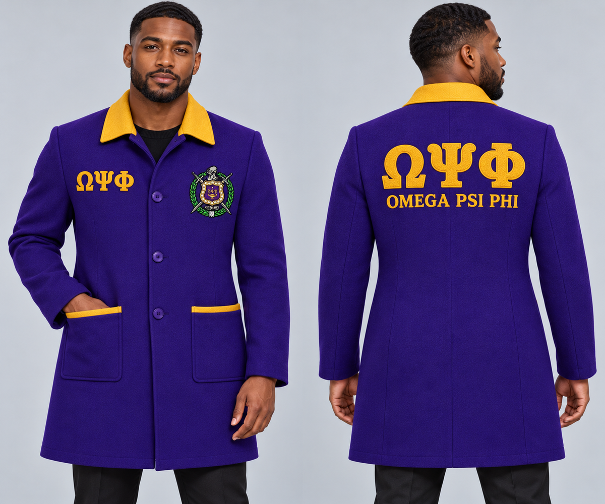 Black male model wearing Omega Psi Phi fitted premium wool blend coat in royal purple and old gold, premium chenille Greek letters and embroidered crest, front and back views.