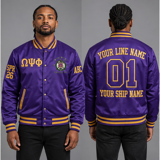Omega Psi Phi Royal Purple and Old Gold personalized satin line jacket on an adult model, original supplied crest and ΩΨΦ letters, sample line name, line number 01, ship name, crossing year and chapter initials.