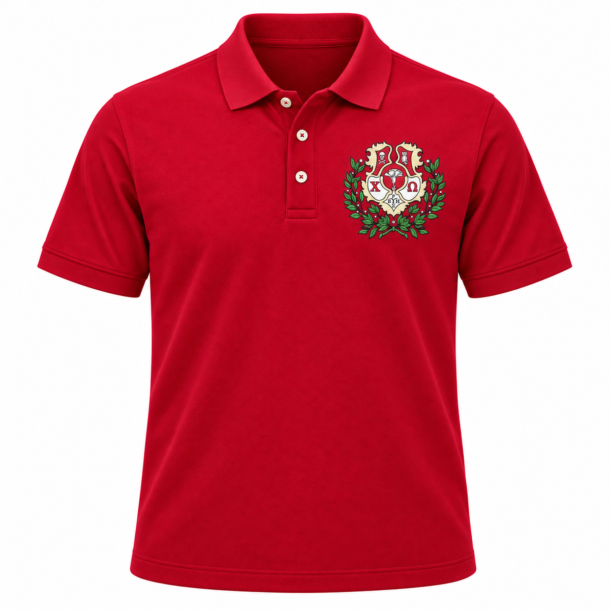 Chi Omega Crest Embroidered Polo Shirt, Solid Cardinal