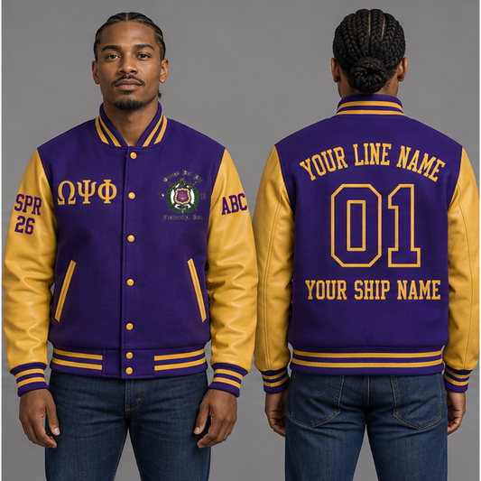 Omega Psi Phi Royal Purple and Old Gold personalized wool varsity jacket on an adult model, original supplied crest and ΩΨΦ letters, sample line name, line number 01, ship name, crossing year and chapter initials.