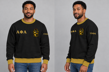 Alpha Phi Alpha premium embroidered black solid contrast trim crewneck sweatshirt on model - front and side