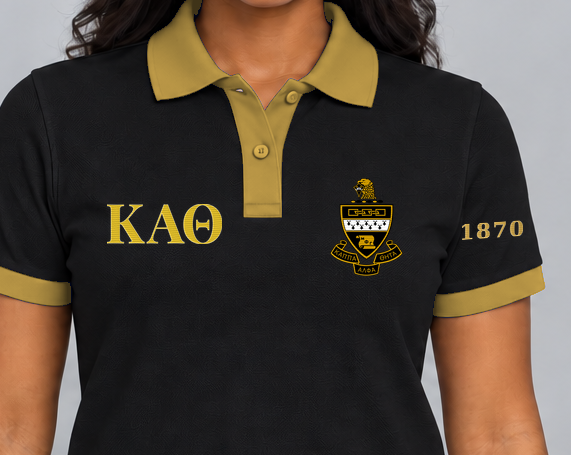Kappa Alpha Theta premium embroidered black solid contrast trim polo on model - chest embroidery close-up