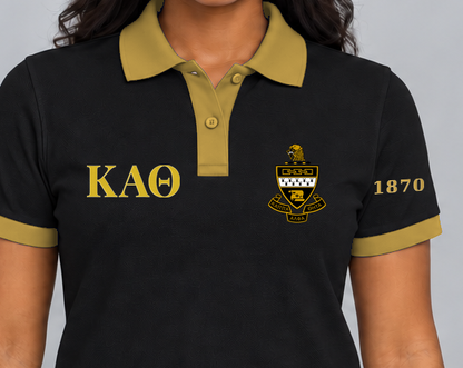 Kappa Alpha Theta premium embroidered black solid contrast trim polo on model - chest embroidery close-up