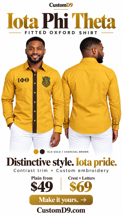 Iota Phi Theta old gold and charcoal brown fitted embroidered Oxford shirt reel-poster, front and back on male model