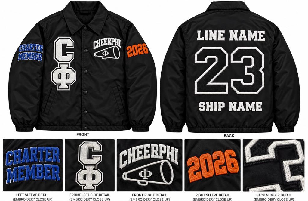 Custom CheerPhi black embroidered jacket design reference