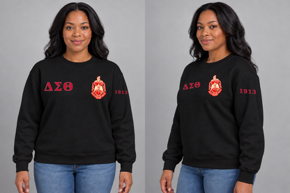 Delta Sigma Theta premium embroidered black solid crewneck sweatshirt on model - front and side