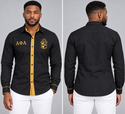 Alpha Phi Alpha black and old gold fitted embroidered Oxford shirt product, front and back on male model