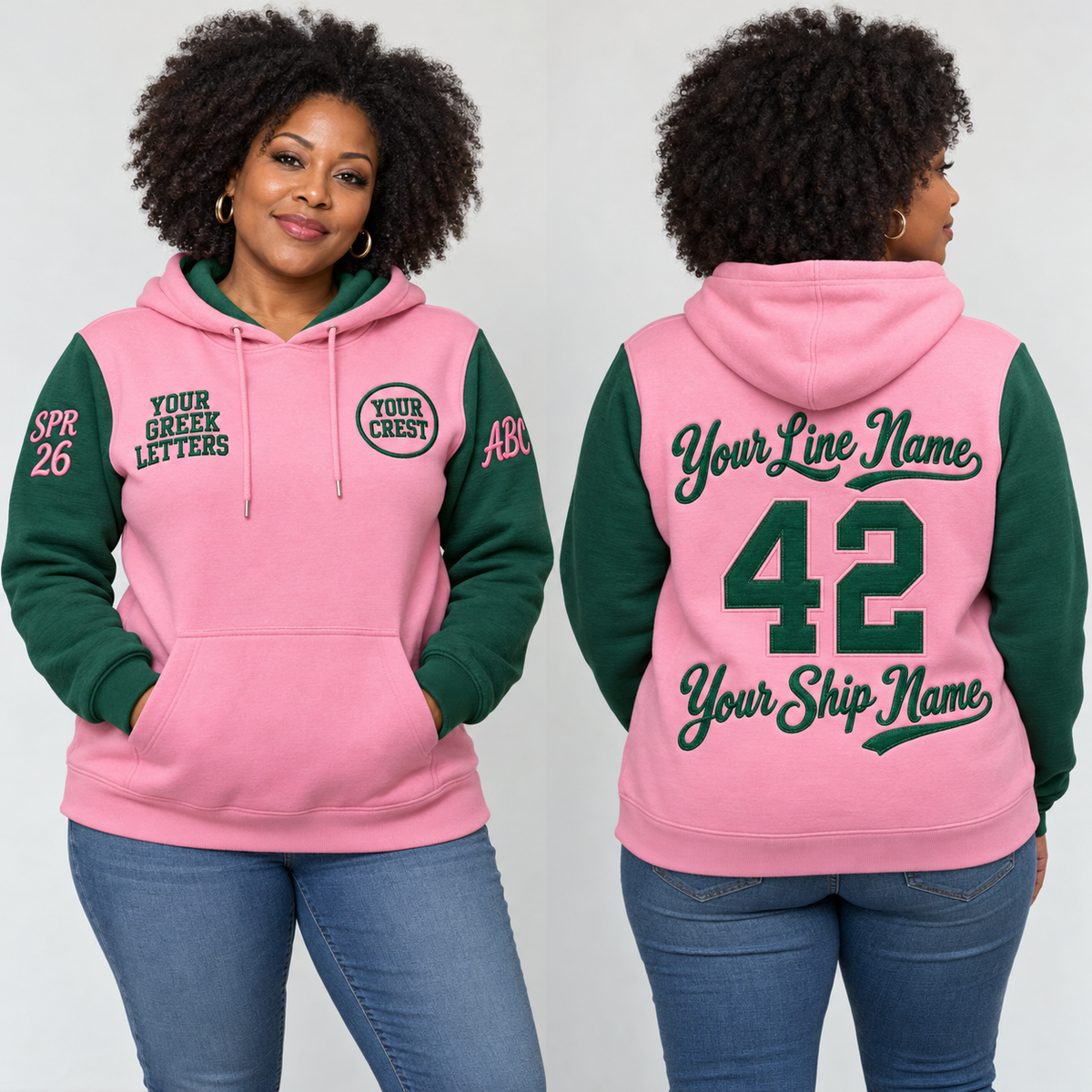Pullover Hoodie Pink Green embroidered line name number ship name front back and sleeves on model