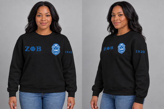 Zeta Phi Beta premium embroidered black solid crewneck sweatshirt on model - front and side
