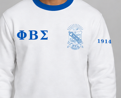 Phi Beta Sigma premium embroidered white solid contrast trim crewneck sweatshirt on model - chest embroidery close-up