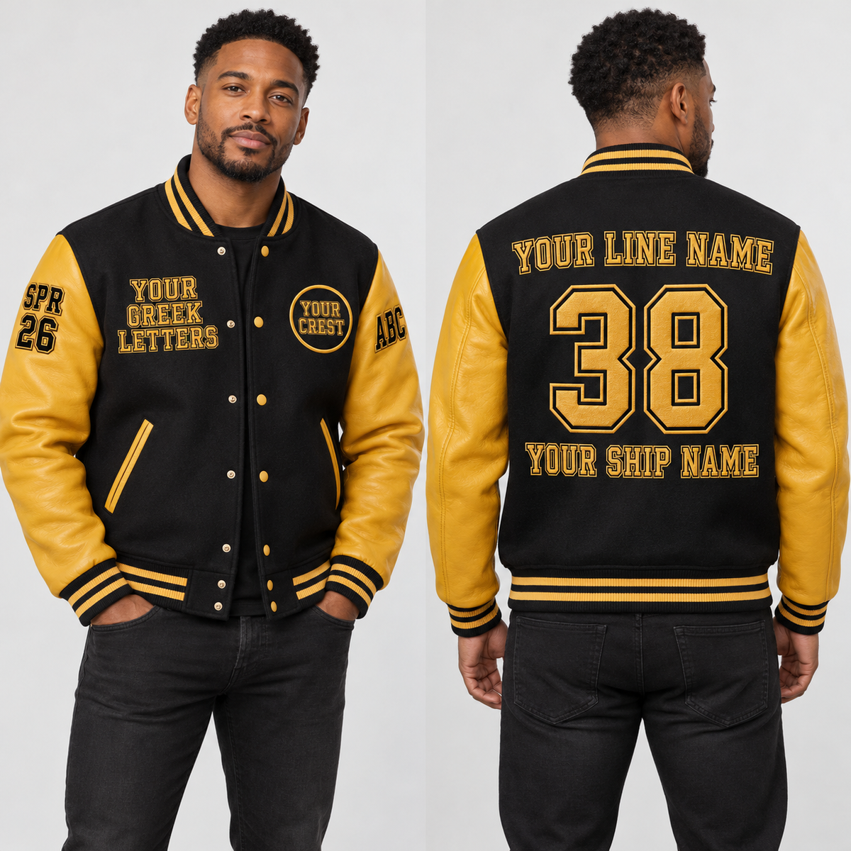 Wool Varsity Jacket Black Gold embroidered line name number ship name front back and sleeves on model