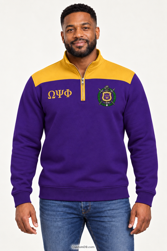 Black male model showing front of Omega Psi Phi royal purple quarter-zip with old gold shoulder panel